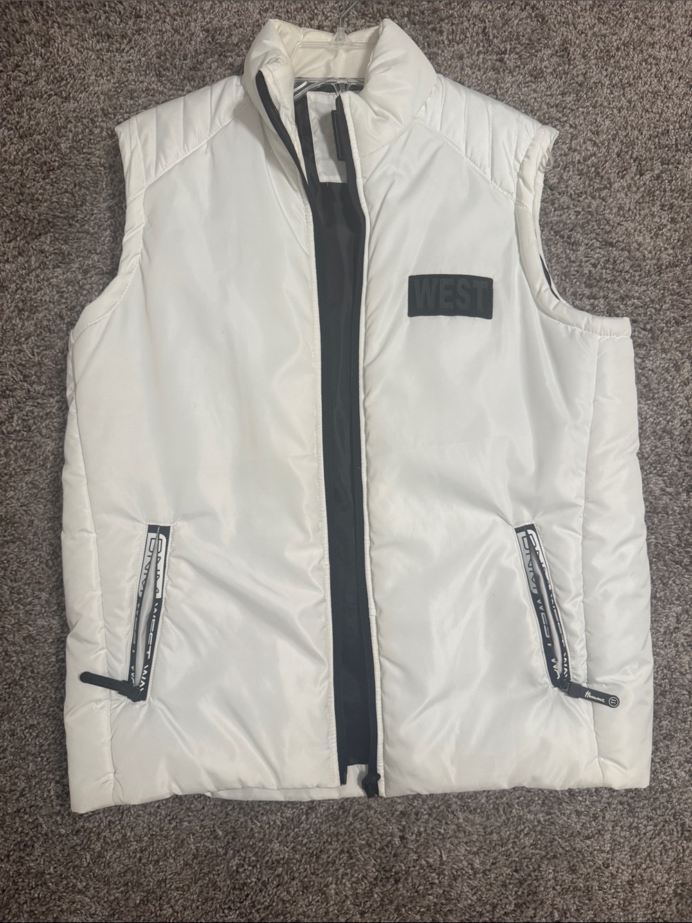 Men's White Quilted Vest with Black Trim - Patch
